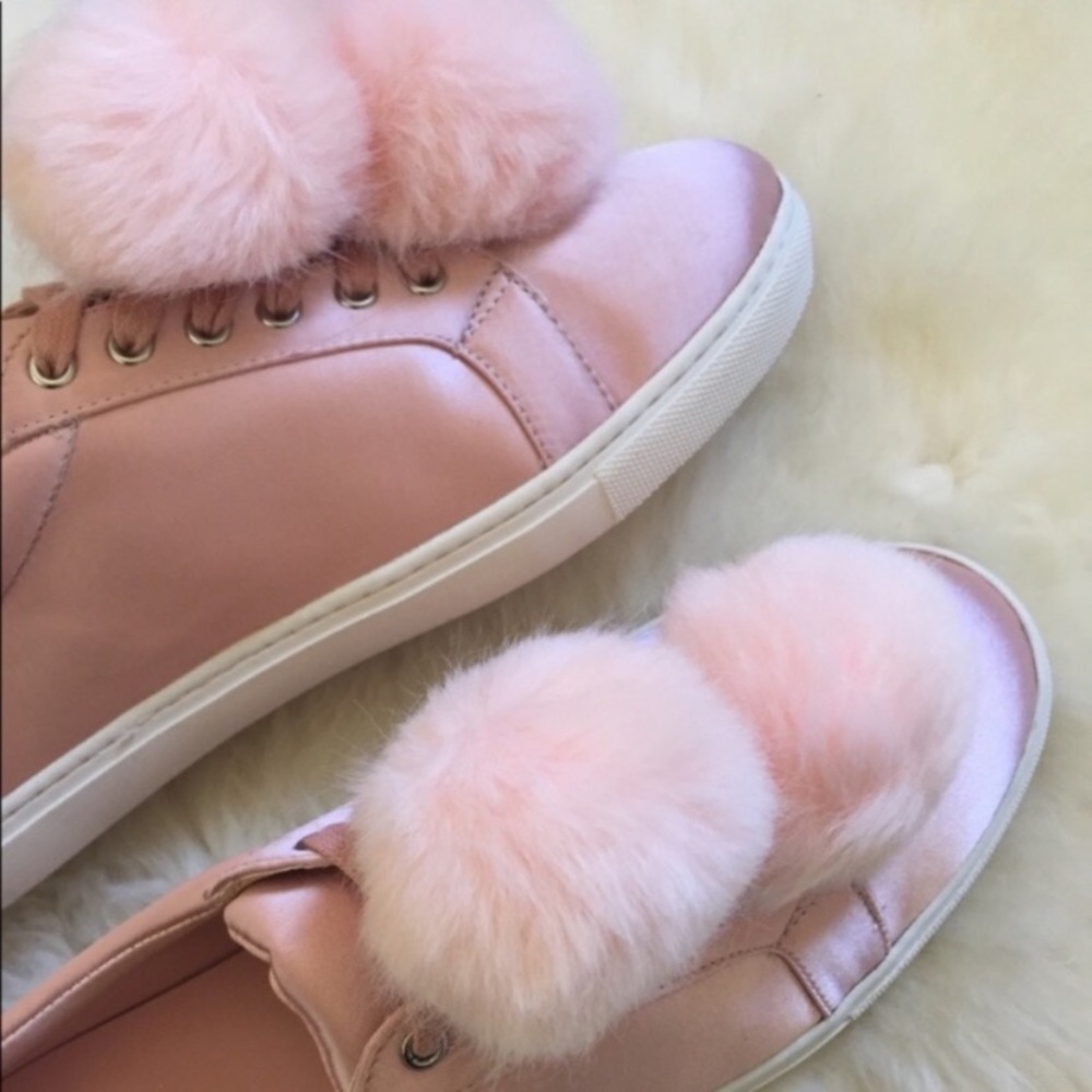 J/Slides Pink Cash Satin Faux Fur Pompom Sneakers - Picture 4 of 6